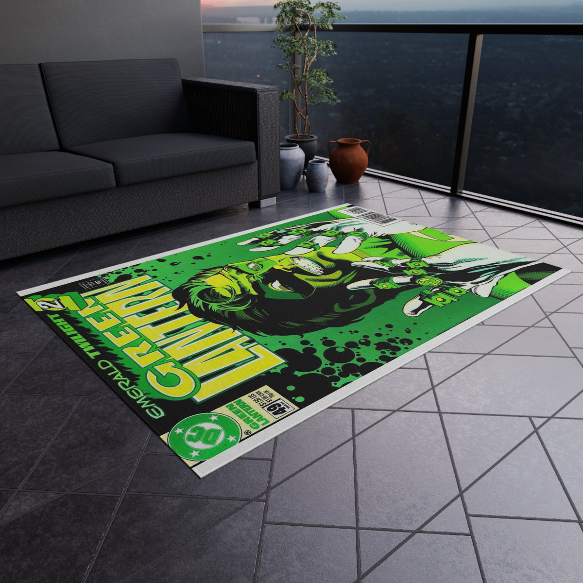 Green Lantern Comic Cover Outdoor/Indoor Rug — Retro Superhero Patio Mat