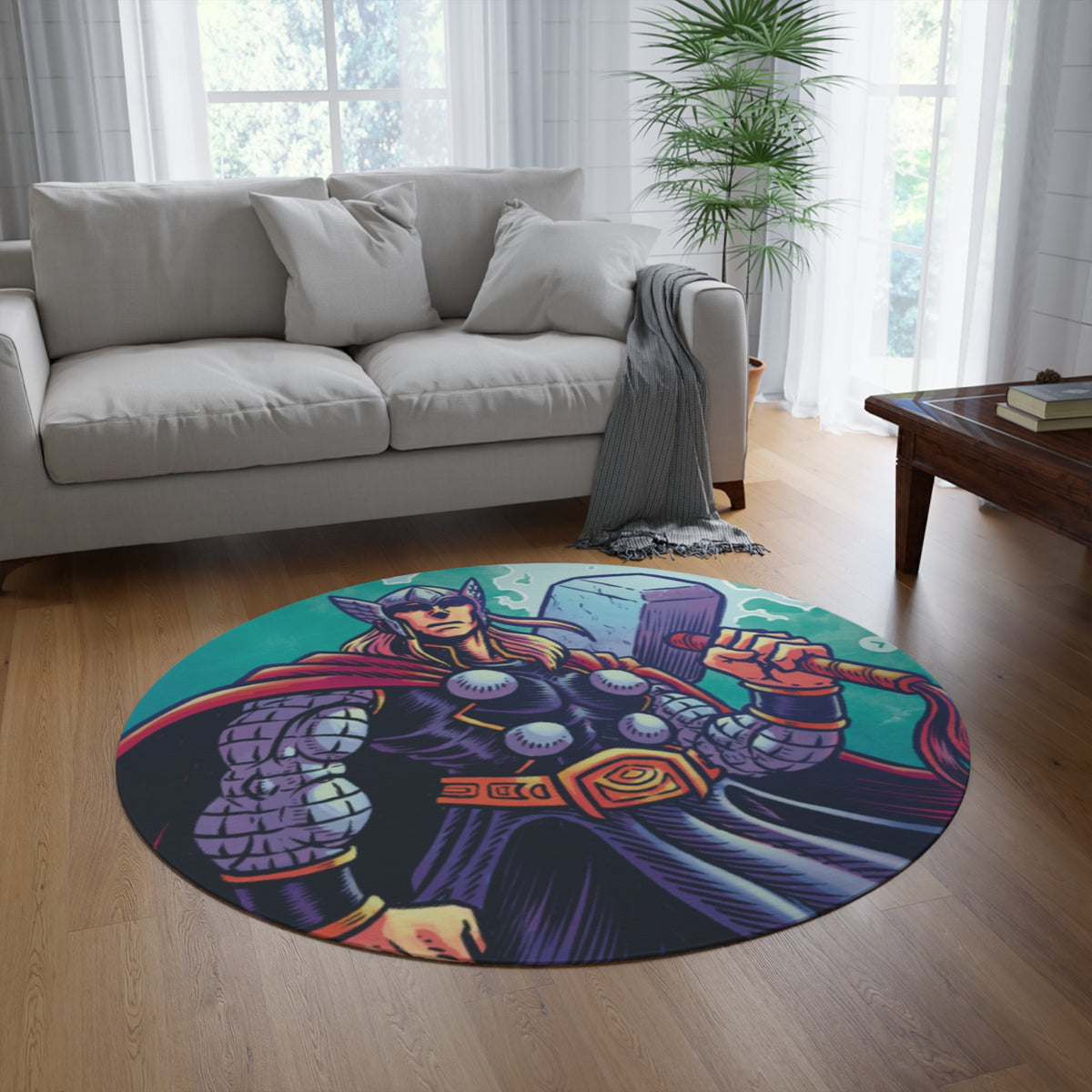 Thor Round Rug — Norse God Hammer Graphic Floor Mat