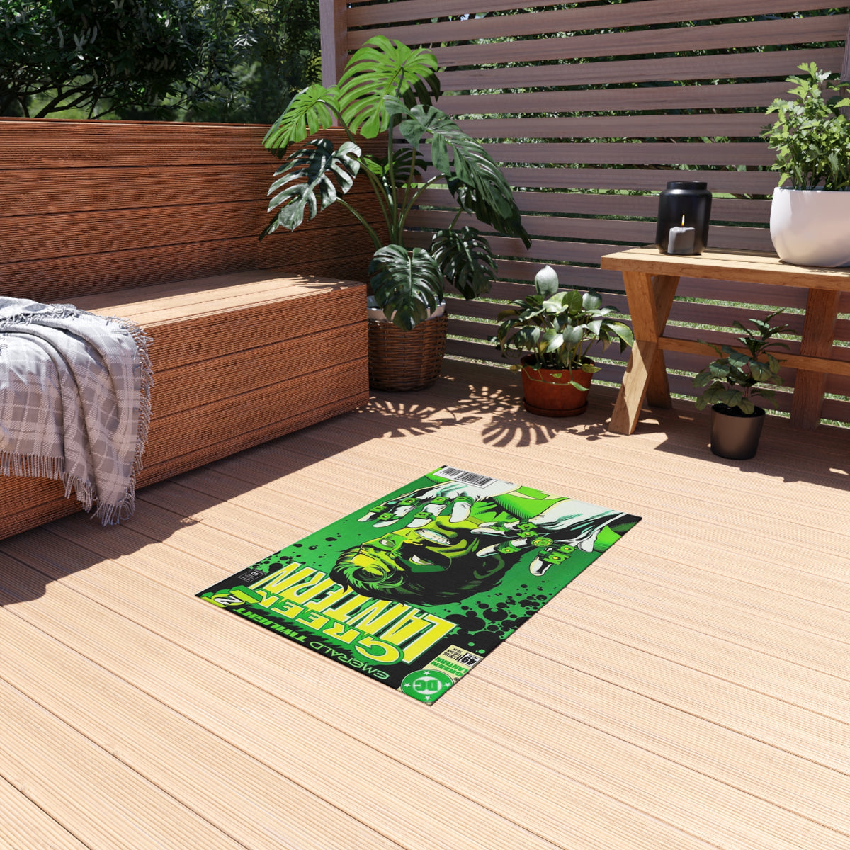 Green Lantern Comic Cover Outdoor/Indoor Rug — Retro Superhero Patio Mat