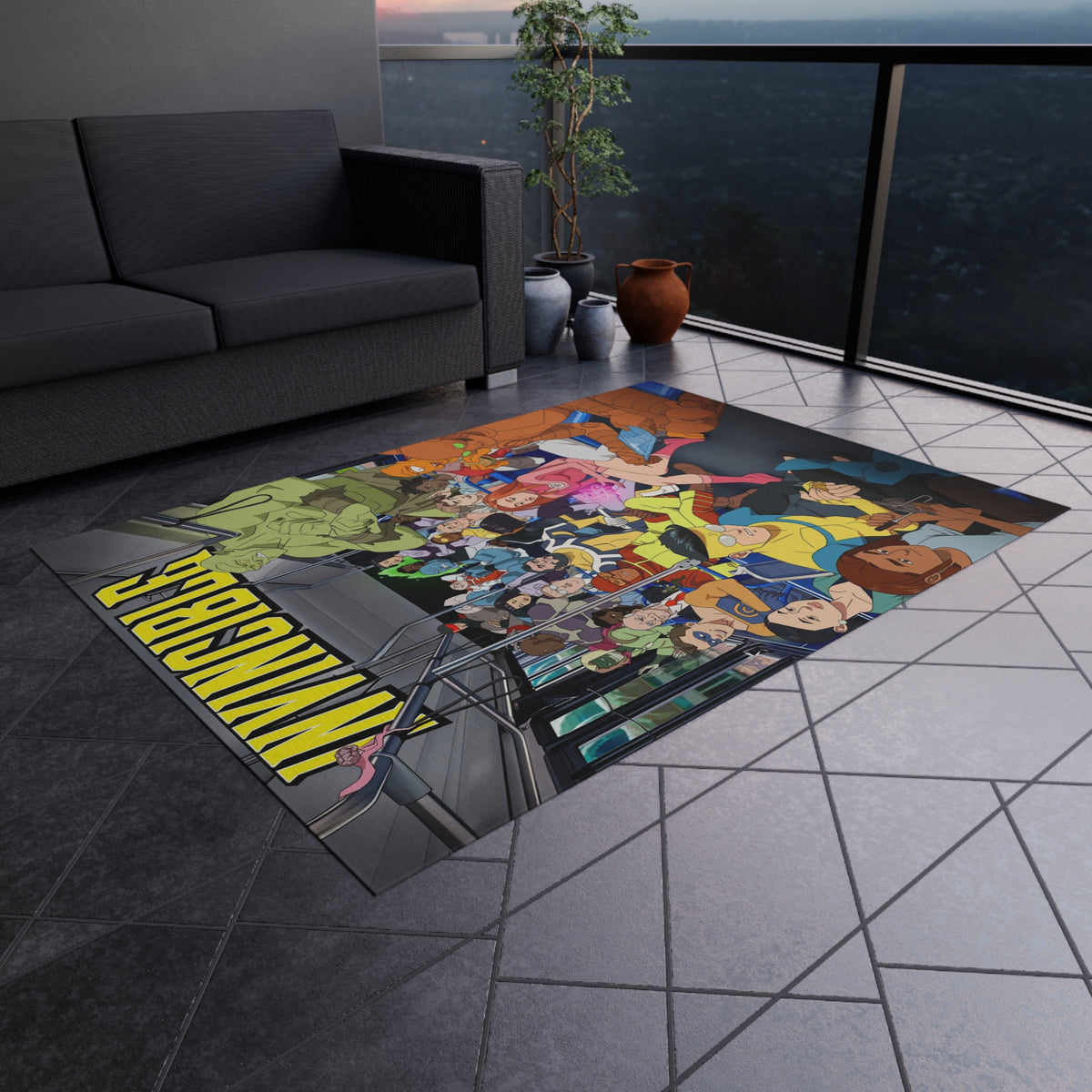 INVINCIBLE Cartoon Crew Outdoor/Indoor Rug — Colorful Metro Commuter Illustration