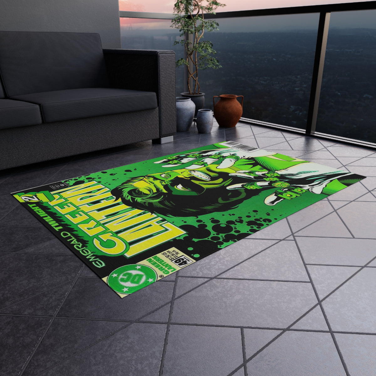 Green Lantern Comic Cover Outdoor/Indoor Rug — Retro Superhero Patio Mat
