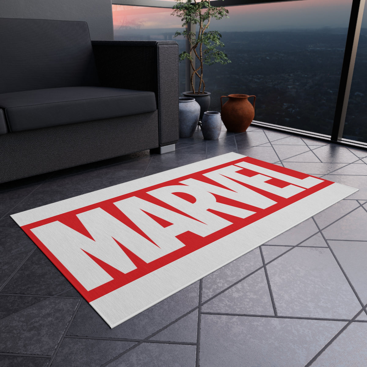 Marvel Logo Outdoor Rug — Red & White Superhero Doormat for Patio, Porch, or Game Room