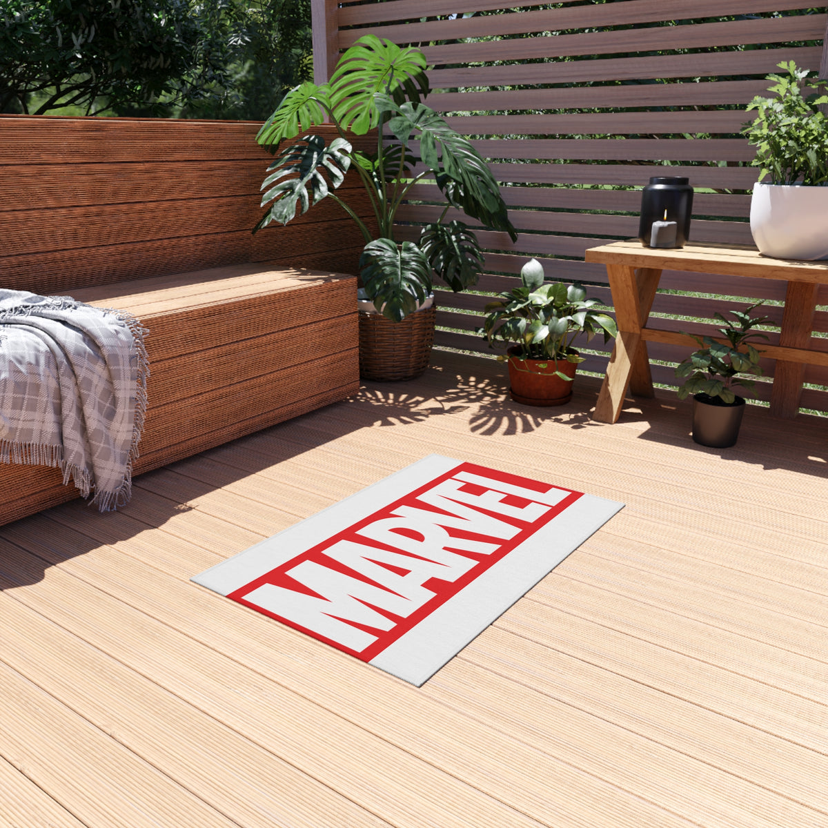 Marvel Logo Outdoor Rug — Red & White Superhero Doormat for Patio, Porch, or Game Room