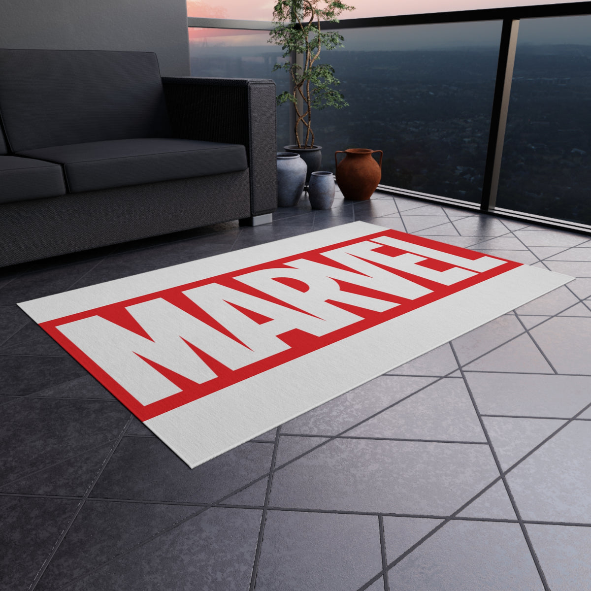 Marvel Logo Outdoor Rug — Red & White Superhero Doormat for Patio, Porch, or Game Room