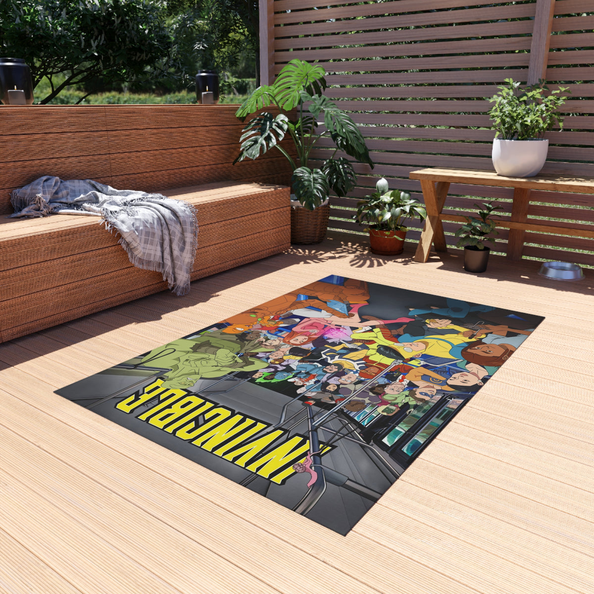 INVINCIBLE Cartoon Crew Outdoor/Indoor Rug — Colorful Metro Commuter Illustration