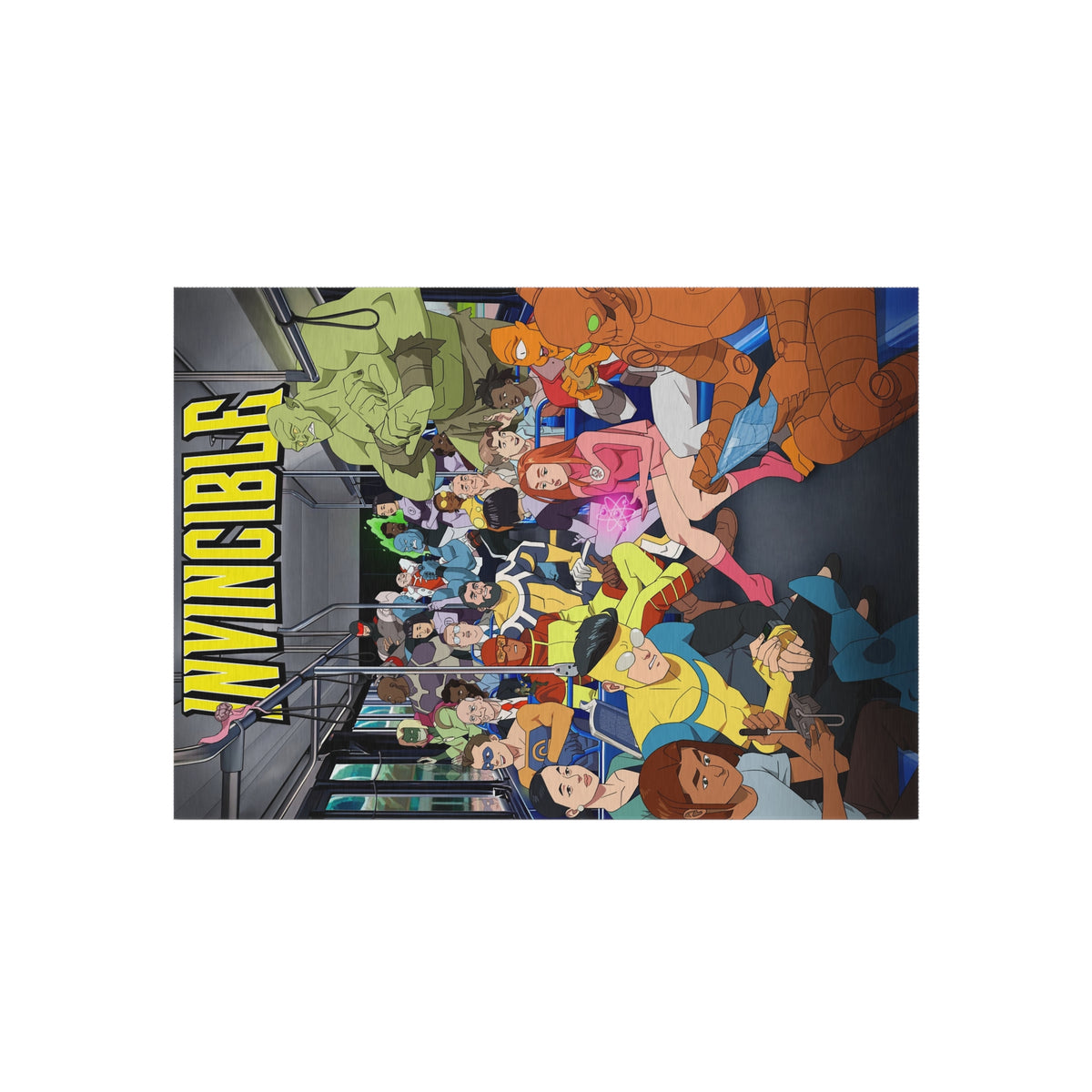 INVINCIBLE Cartoon Crew Outdoor/Indoor Rug — Colorful Metro Commuter Illustration