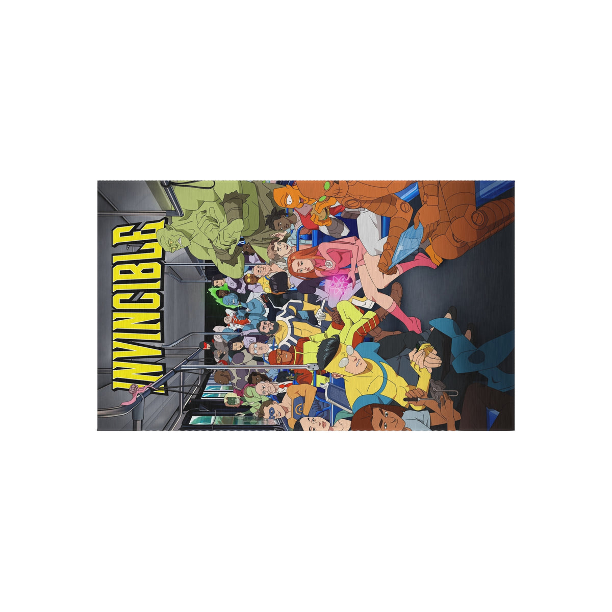 INVINCIBLE Cartoon Crew Outdoor/Indoor Rug — Colorful Metro Commuter Illustration