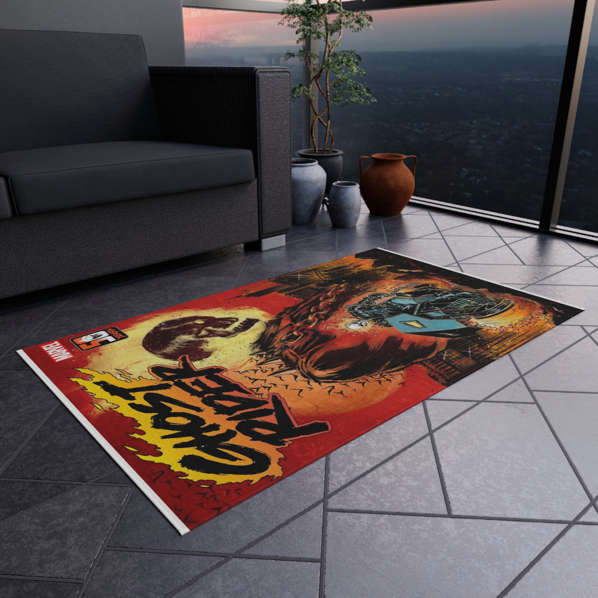 Ghost Rider Outdoor/Indoor Rug – Marvel Comic Skull Motorcycle Patio Mat