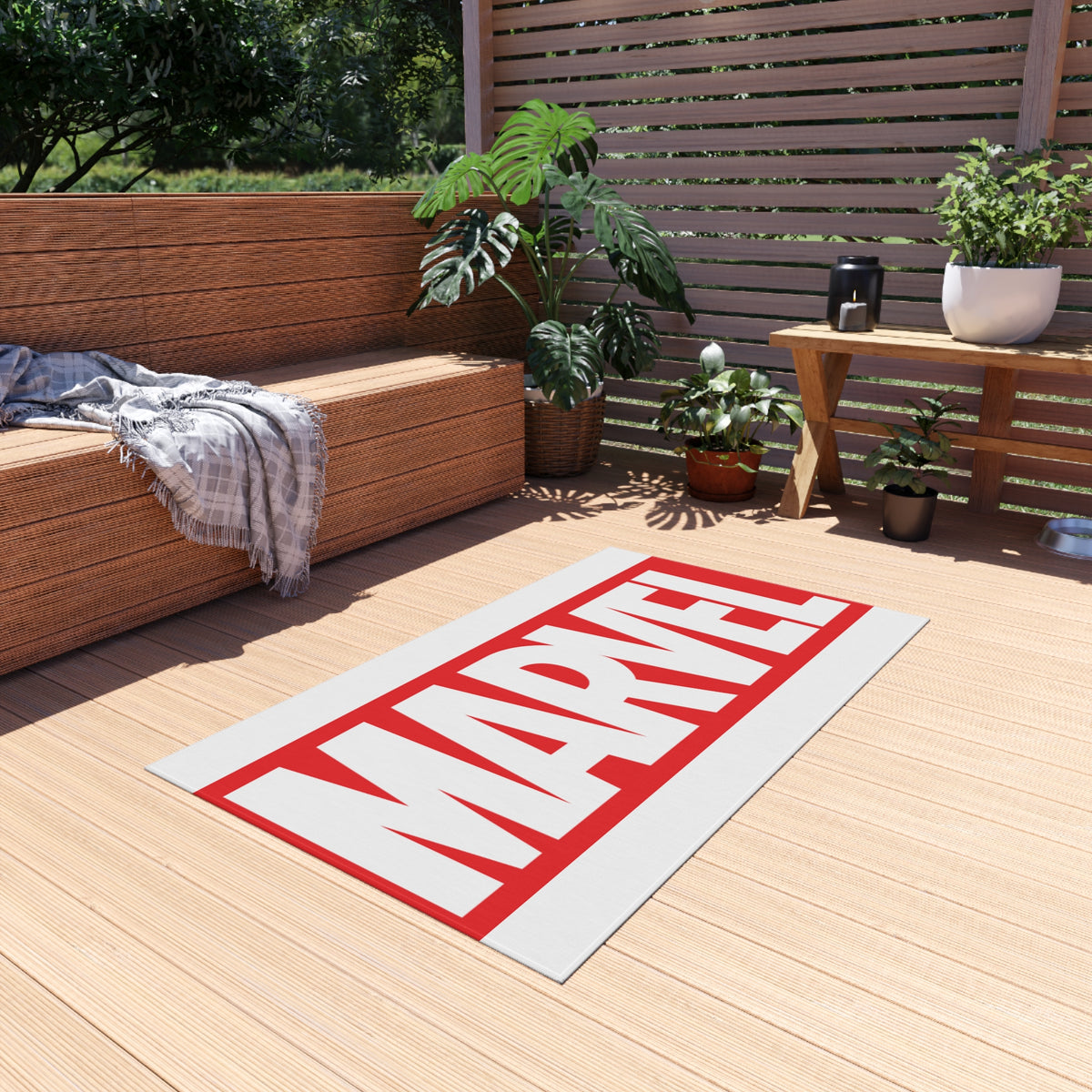 Marvel Logo Outdoor Rug — Red & White Superhero Doormat for Patio, Porch, or Game Room