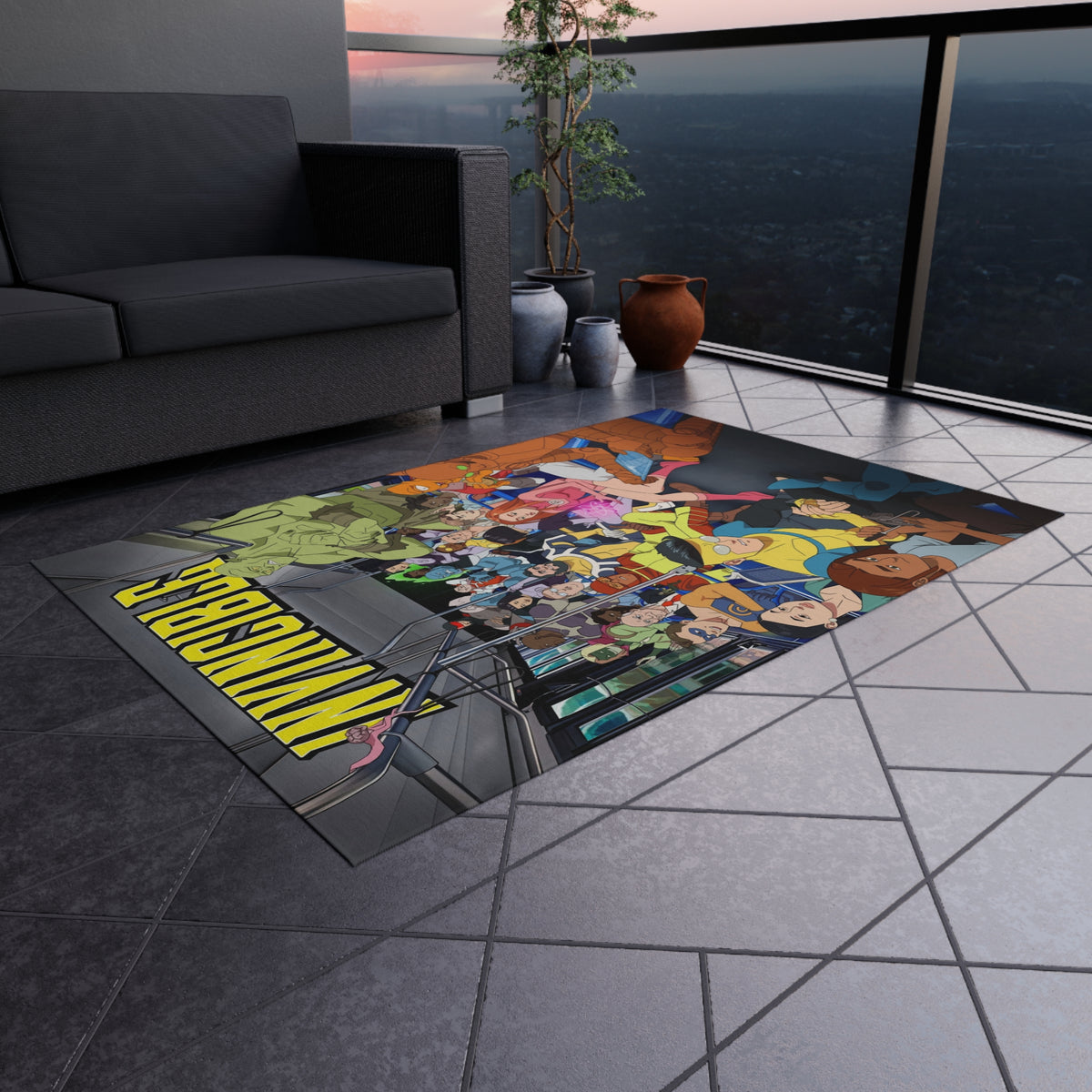 INVINCIBLE Cartoon Crew Outdoor/Indoor Rug — Colorful Metro Commuter Illustration