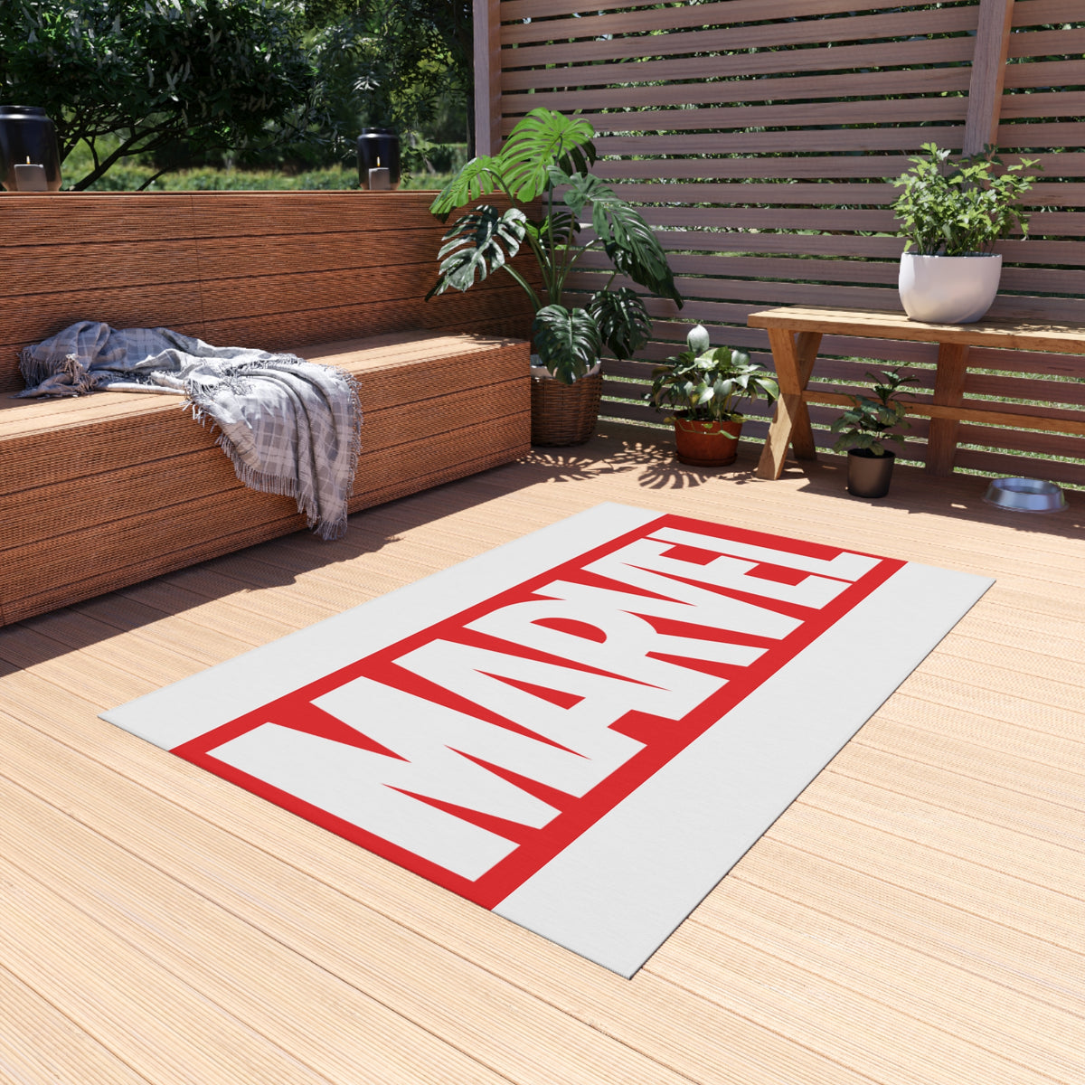 Marvel Logo Outdoor Rug — Red & White Superhero Doormat for Patio, Porch, or Game Room