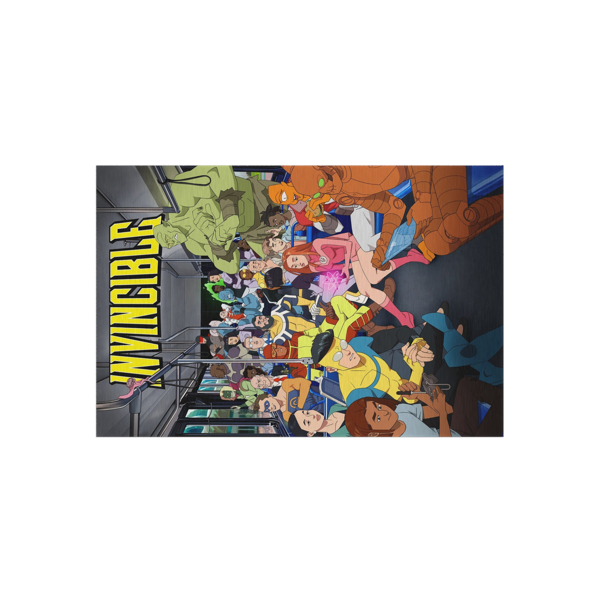 INVINCIBLE Cartoon Crew Outdoor/Indoor Rug — Colorful Metro Commuter Illustration
