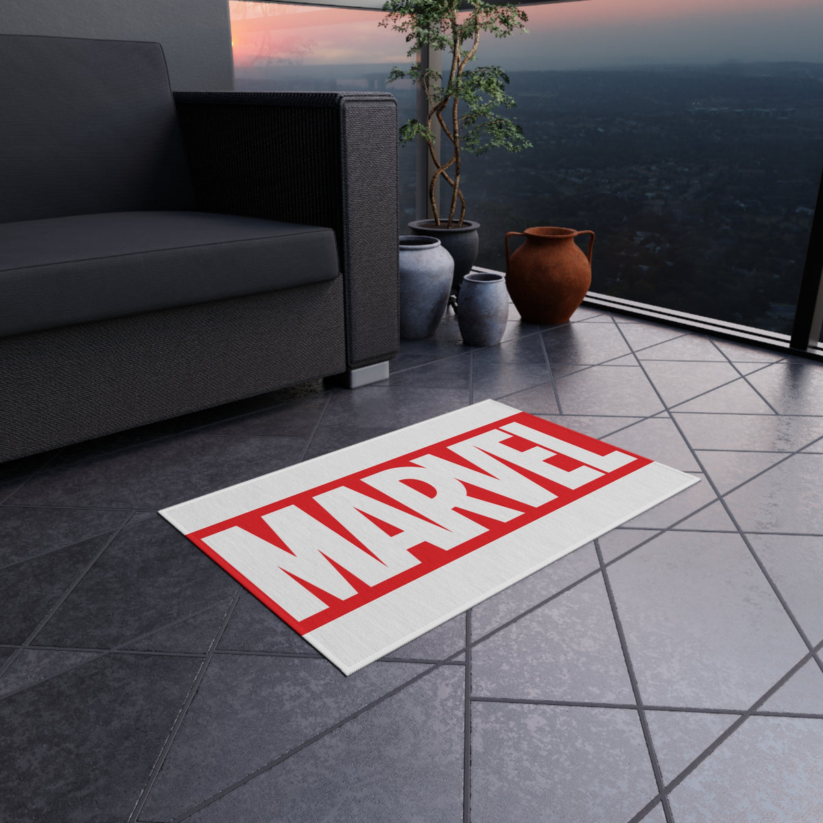 Marvel Logo Outdoor Rug — Red & White Superhero Doormat for Patio, Porch, or Game Room