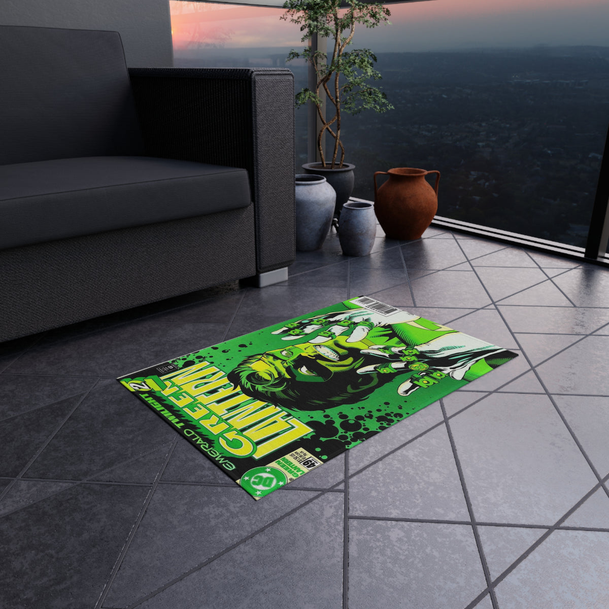 Green Lantern Comic Cover Outdoor/Indoor Rug — Retro Superhero Patio Mat