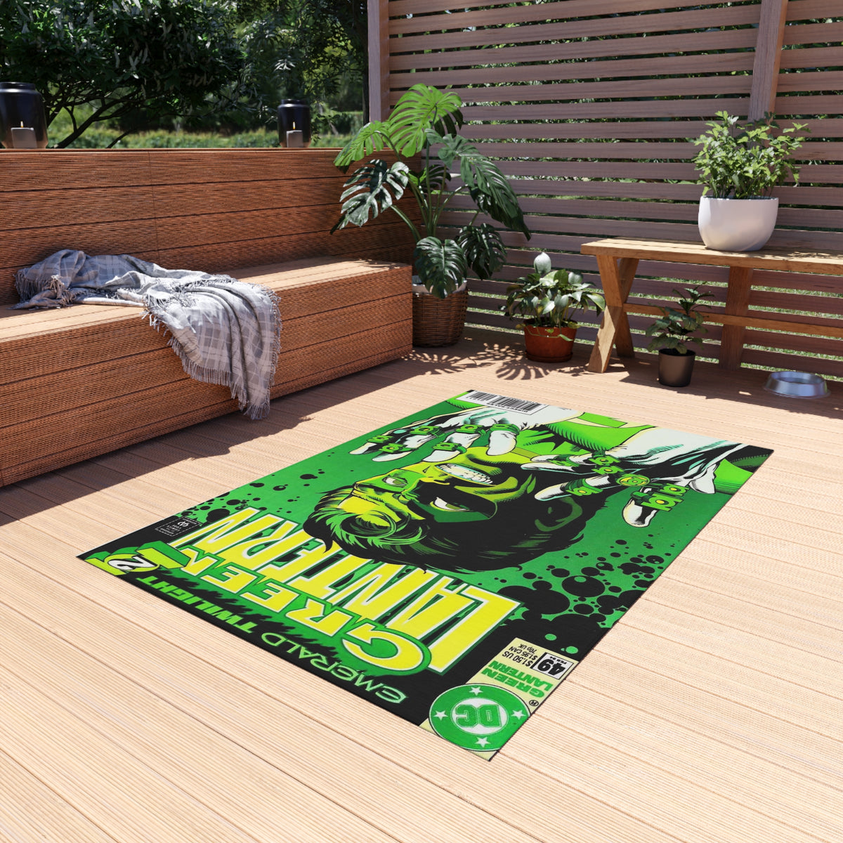 Green Lantern Comic Cover Outdoor/Indoor Rug — Retro Superhero Patio Mat