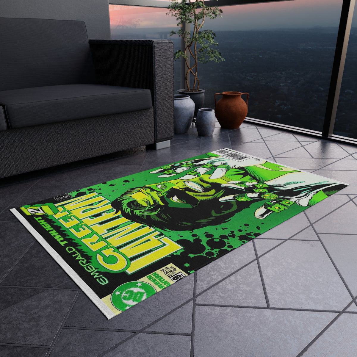 Green Lantern Comic Cover Outdoor/Indoor Rug — Retro Superhero Patio Mat
