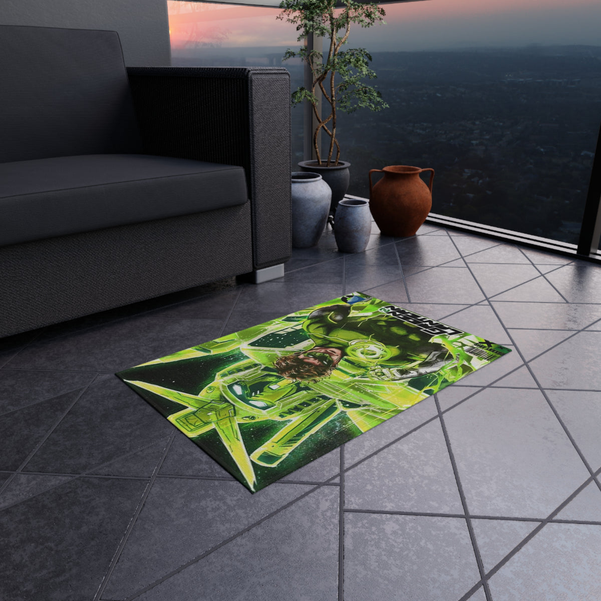 Green Lantern Outdoor Rug — Comic Superhero Patio Mat