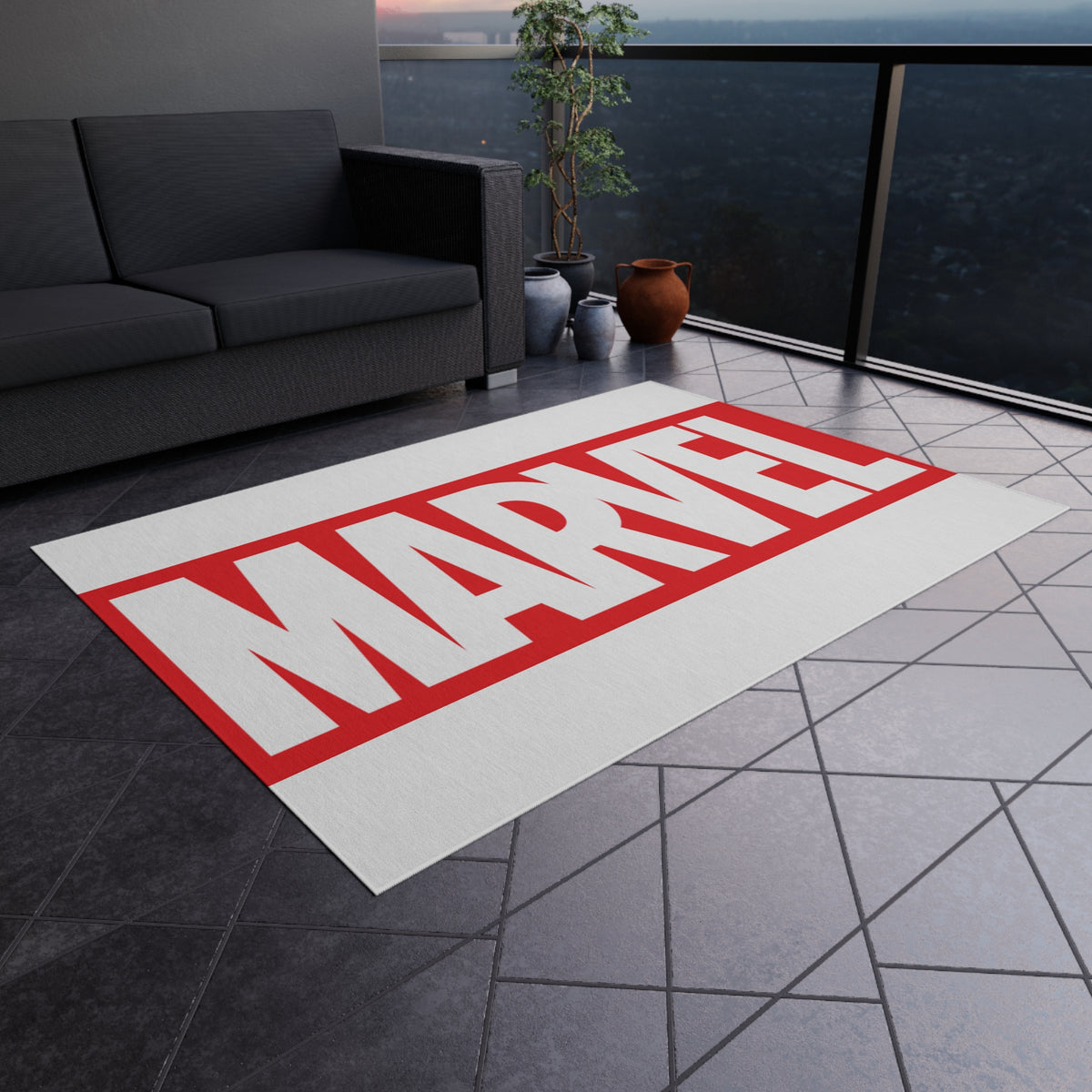 Marvel Logo Outdoor Rug — Red & White Superhero Doormat for Patio, Porch, or Game Room
