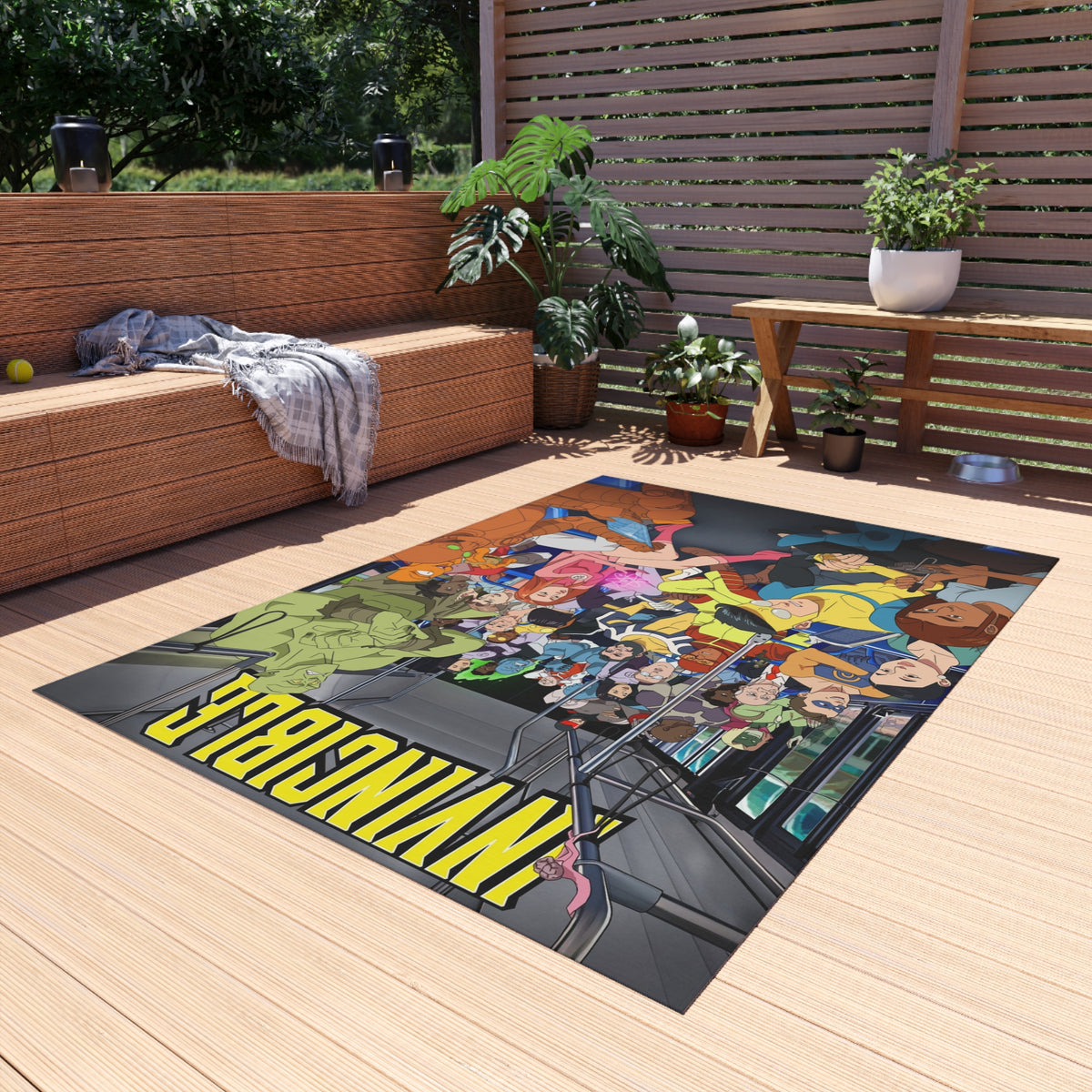 INVINCIBLE Cartoon Crew Outdoor/Indoor Rug — Colorful Metro Commuter Illustration