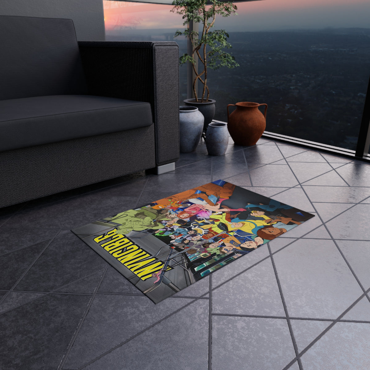 INVINCIBLE Cartoon Crew Outdoor/Indoor Rug — Colorful Metro Commuter Illustration