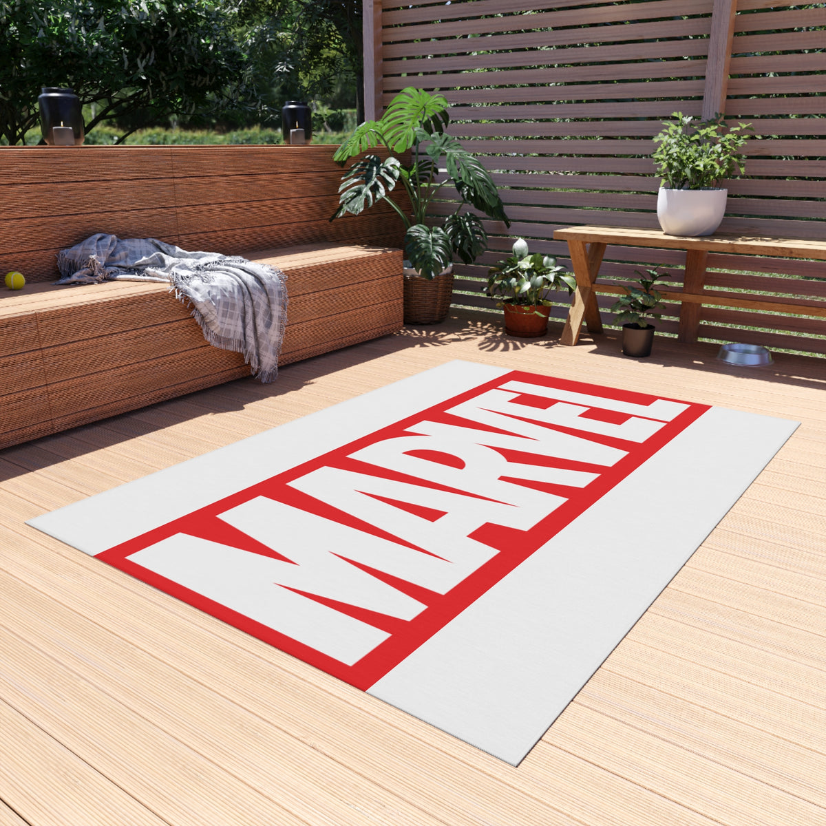 Marvel Logo Outdoor Rug — Red & White Superhero Doormat for Patio, Porch, or Game Room