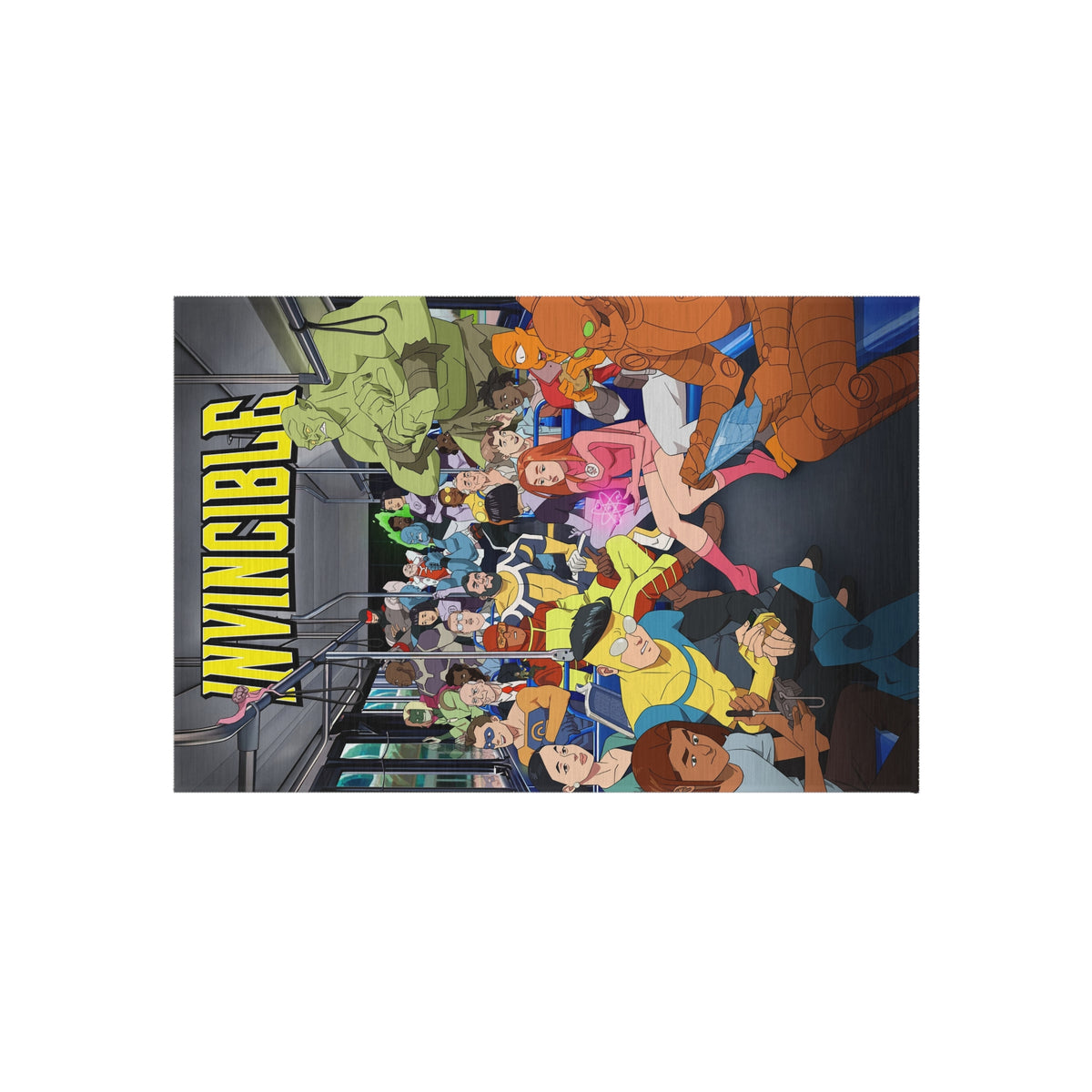 INVINCIBLE Cartoon Crew Outdoor/Indoor Rug — Colorful Metro Commuter Illustration