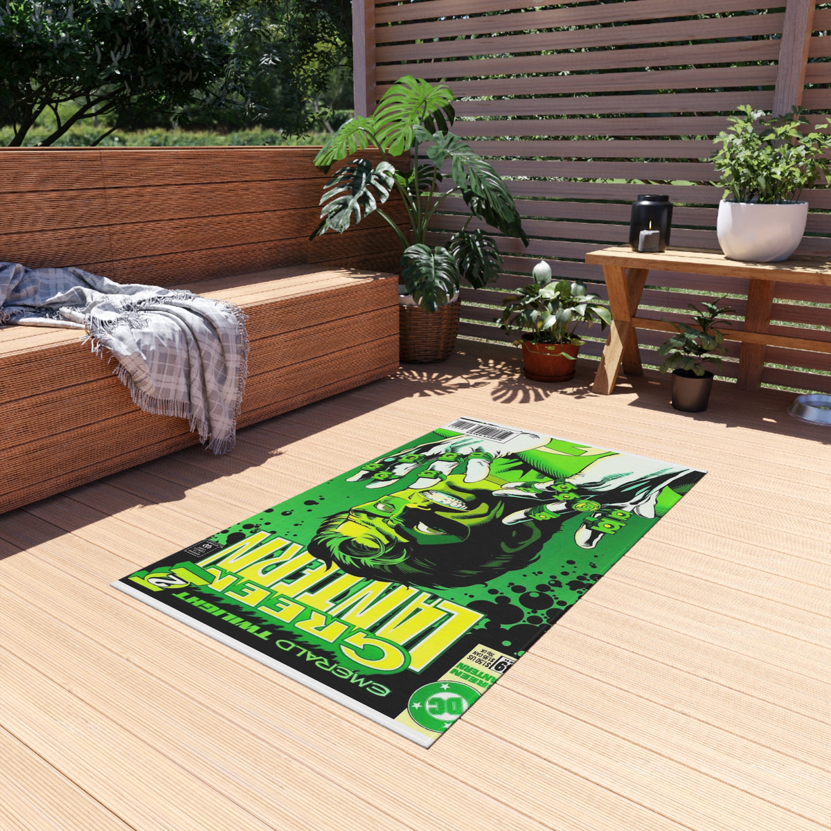 Green Lantern Comic Cover Outdoor/Indoor Rug — Retro Superhero Patio Mat