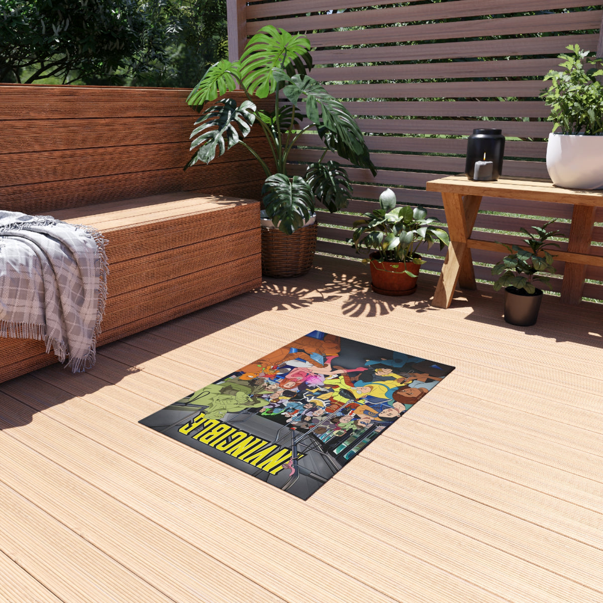 INVINCIBLE Cartoon Crew Outdoor/Indoor Rug — Colorful Metro Commuter Illustration