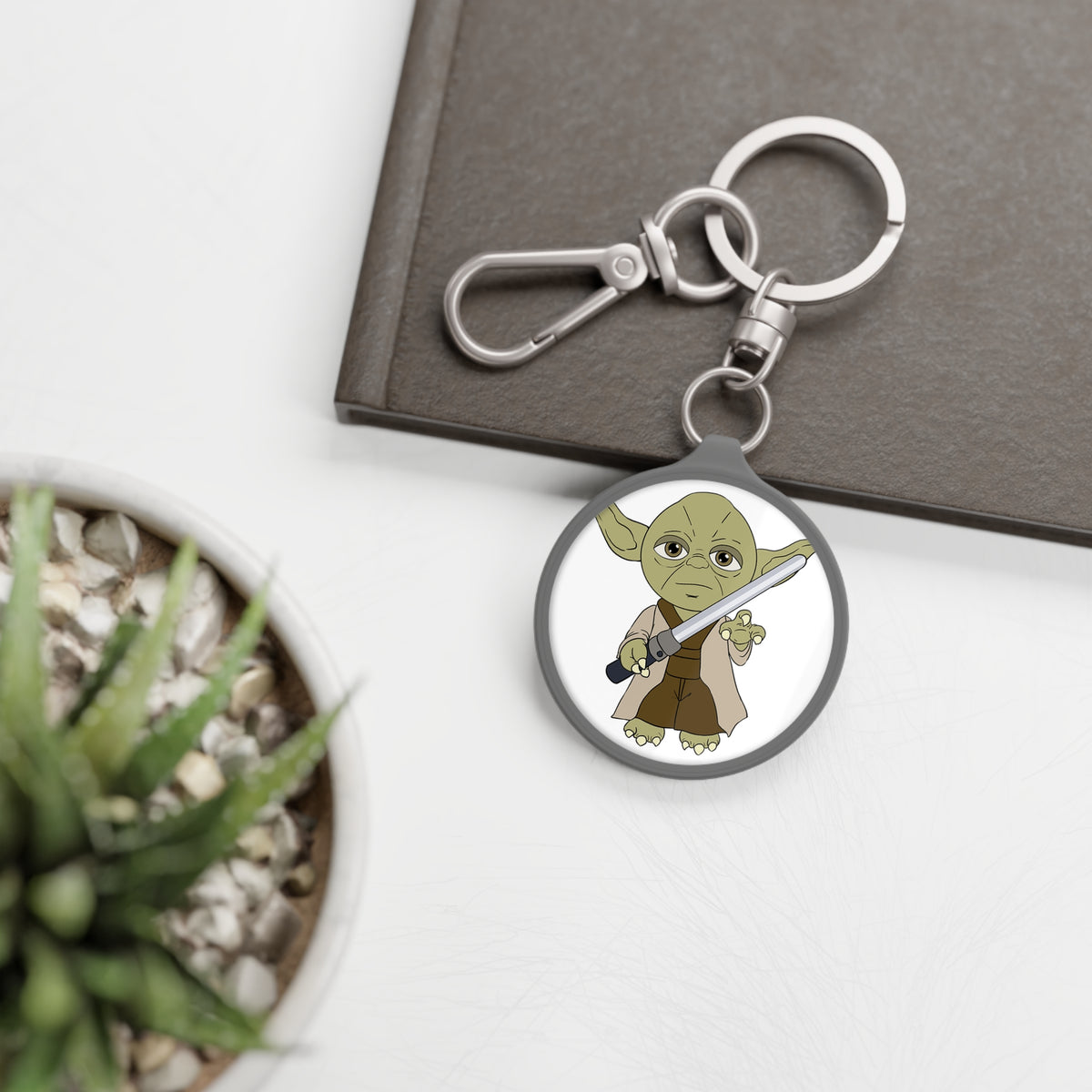 Star Warrior Keyring Tag — Cute Green Jedi with Lightsaber Keychain