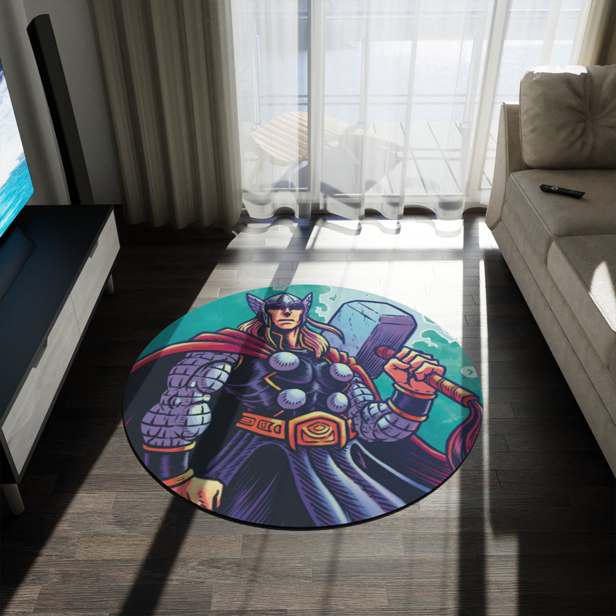 Thor Round Rug — Norse God Hammer Graphic Floor Mat