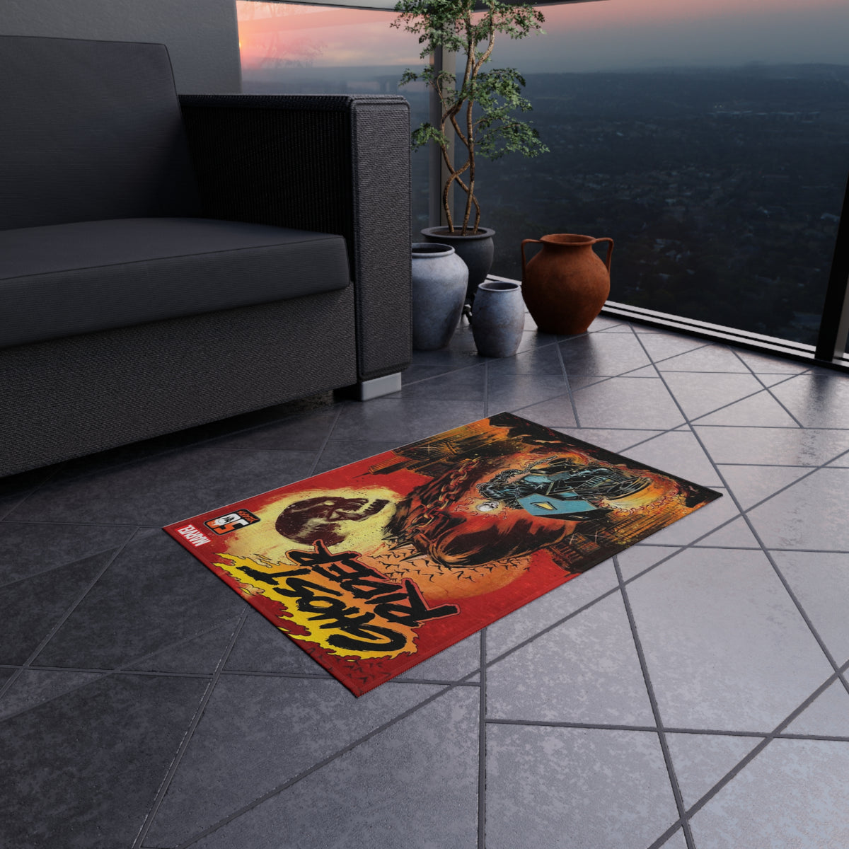 Ghost Rider Outdoor/Indoor Rug – Marvel Comic Skull Motorcycle Patio Mat