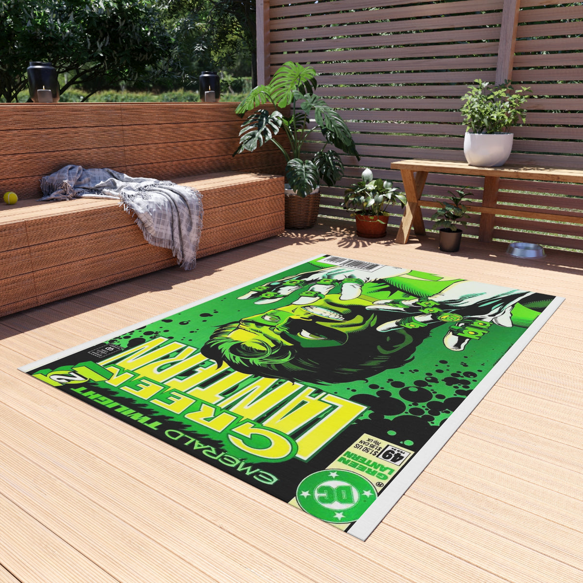 Green Lantern Comic Cover Outdoor/Indoor Rug — Retro Superhero Patio Mat