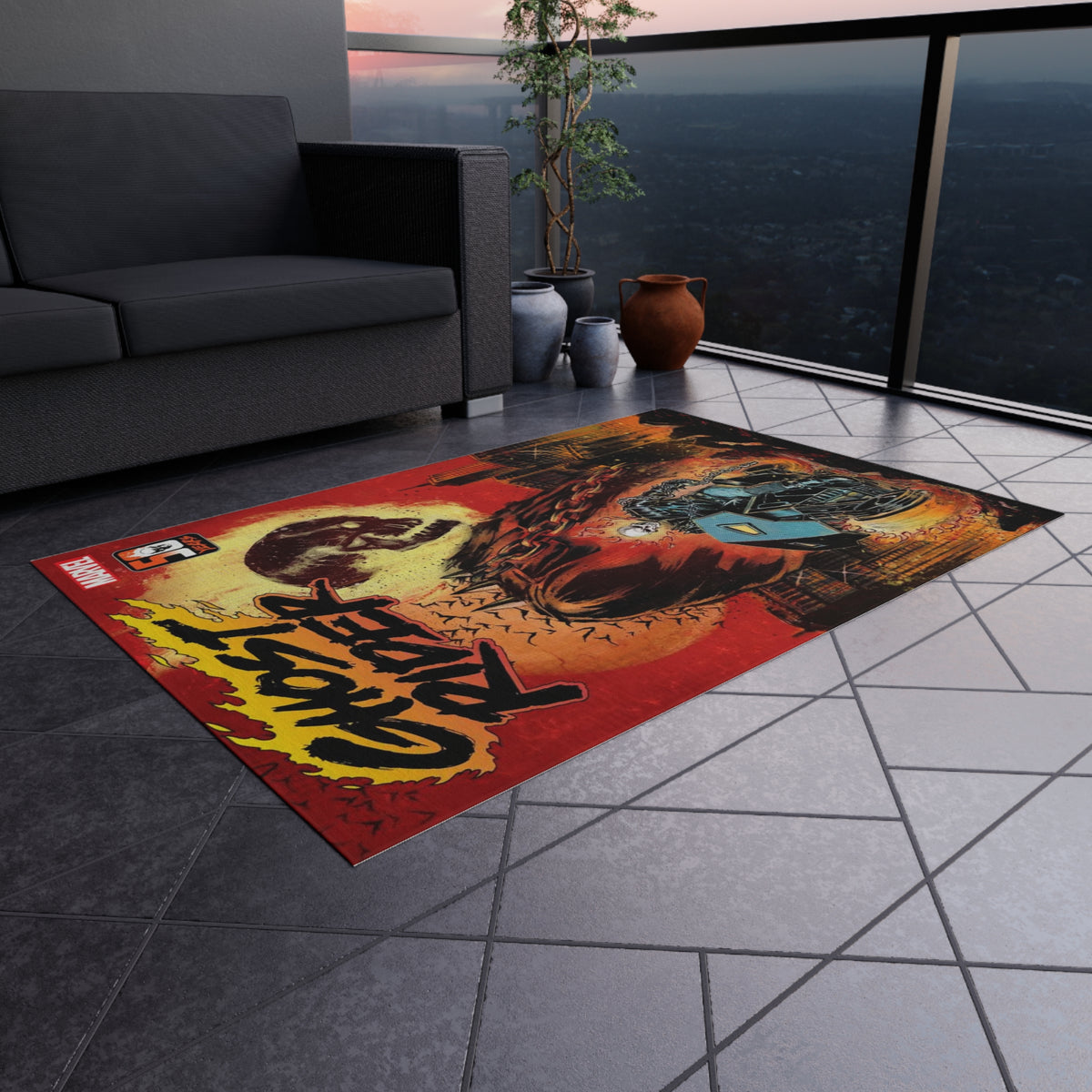 Ghost Rider Outdoor/Indoor Rug – Marvel Comic Skull Motorcycle Patio Mat