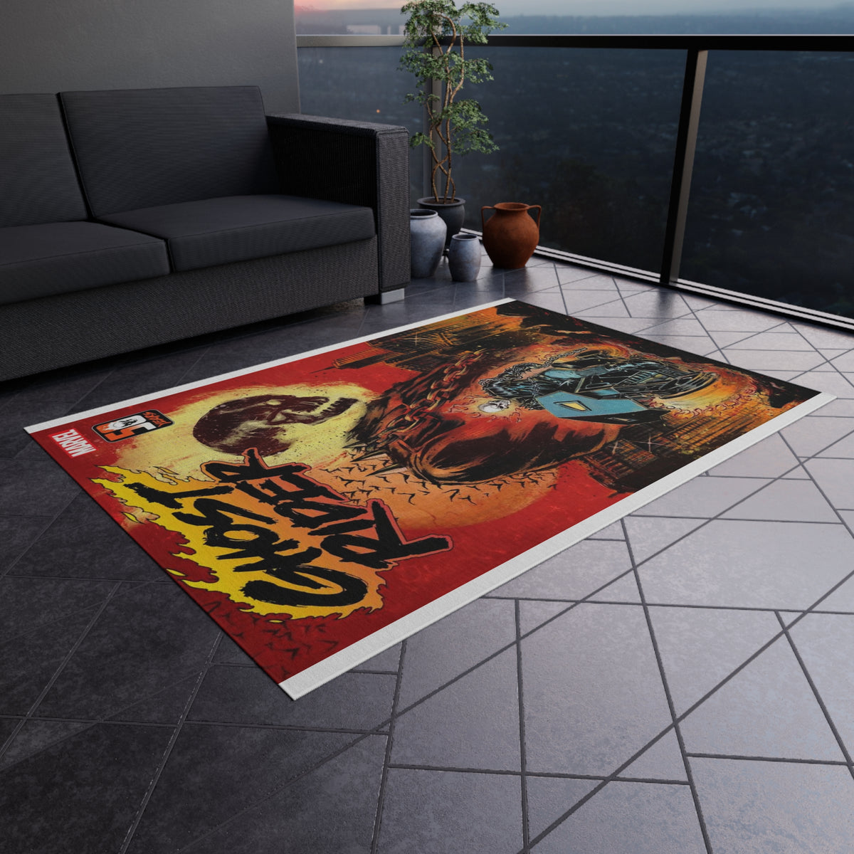 Ghost Rider Outdoor/Indoor Rug – Marvel Comic Skull Motorcycle Patio Mat