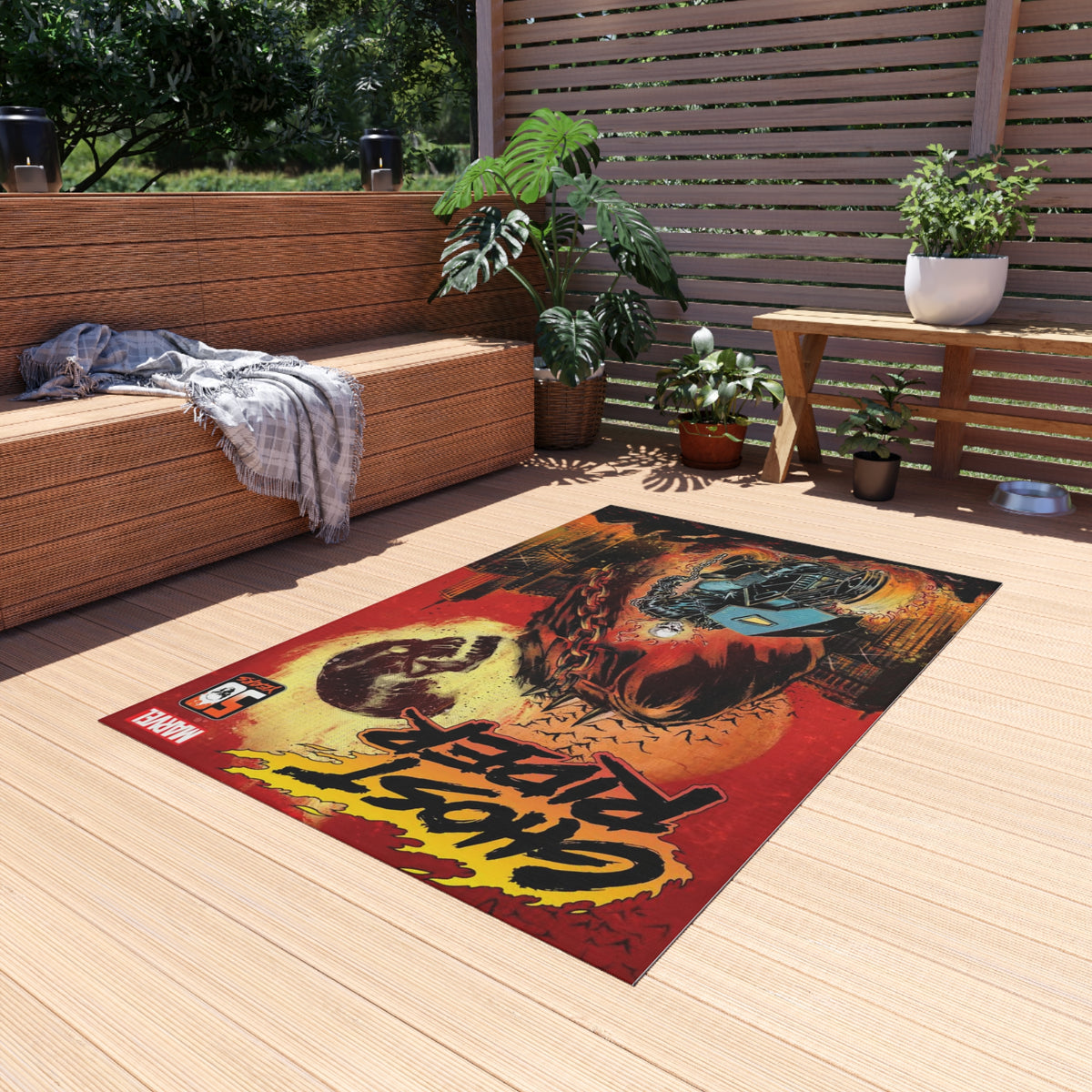 Ghost Rider Outdoor/Indoor Rug – Marvel Comic Skull Motorcycle Patio Mat
