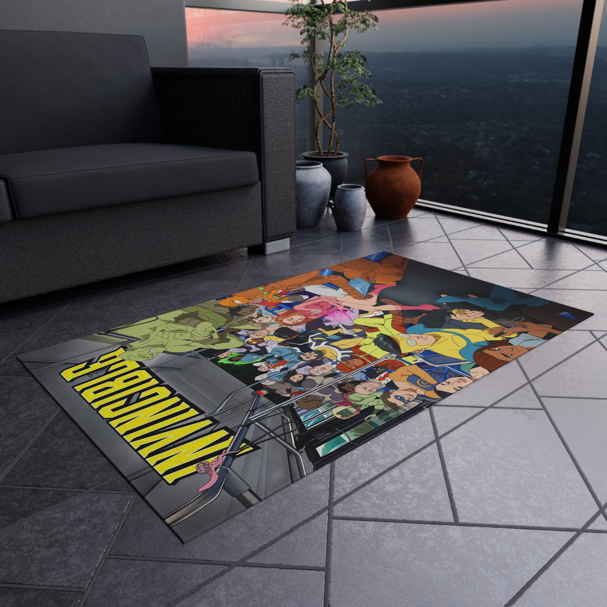 INVINCIBLE Cartoon Crew Outdoor/Indoor Rug — Colorful Metro Commuter Illustration