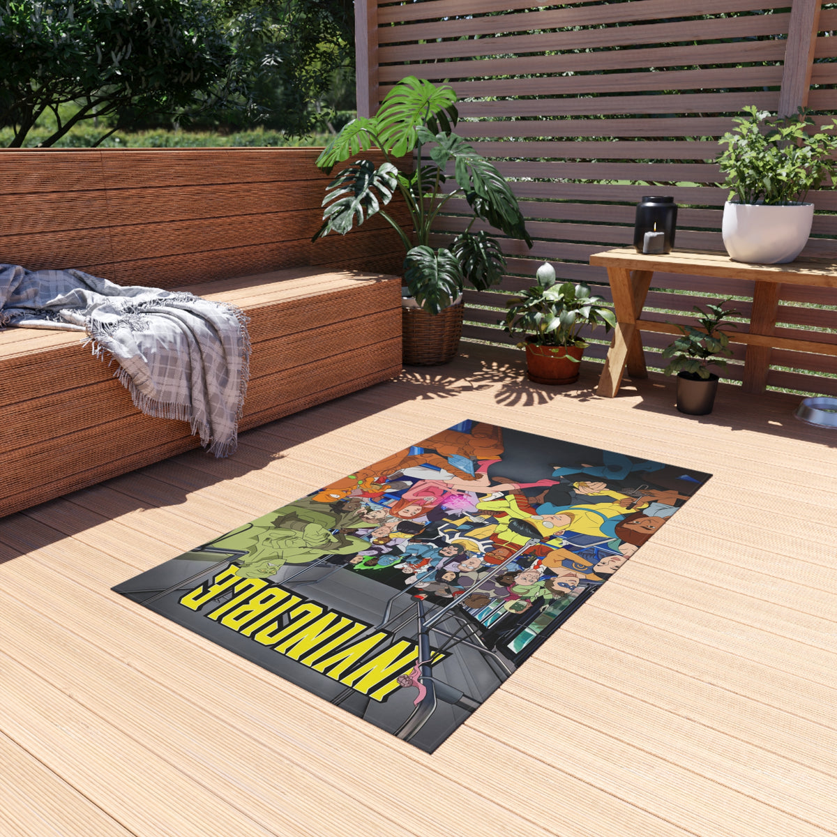 INVINCIBLE Cartoon Crew Outdoor/Indoor Rug — Colorful Metro Commuter Illustration